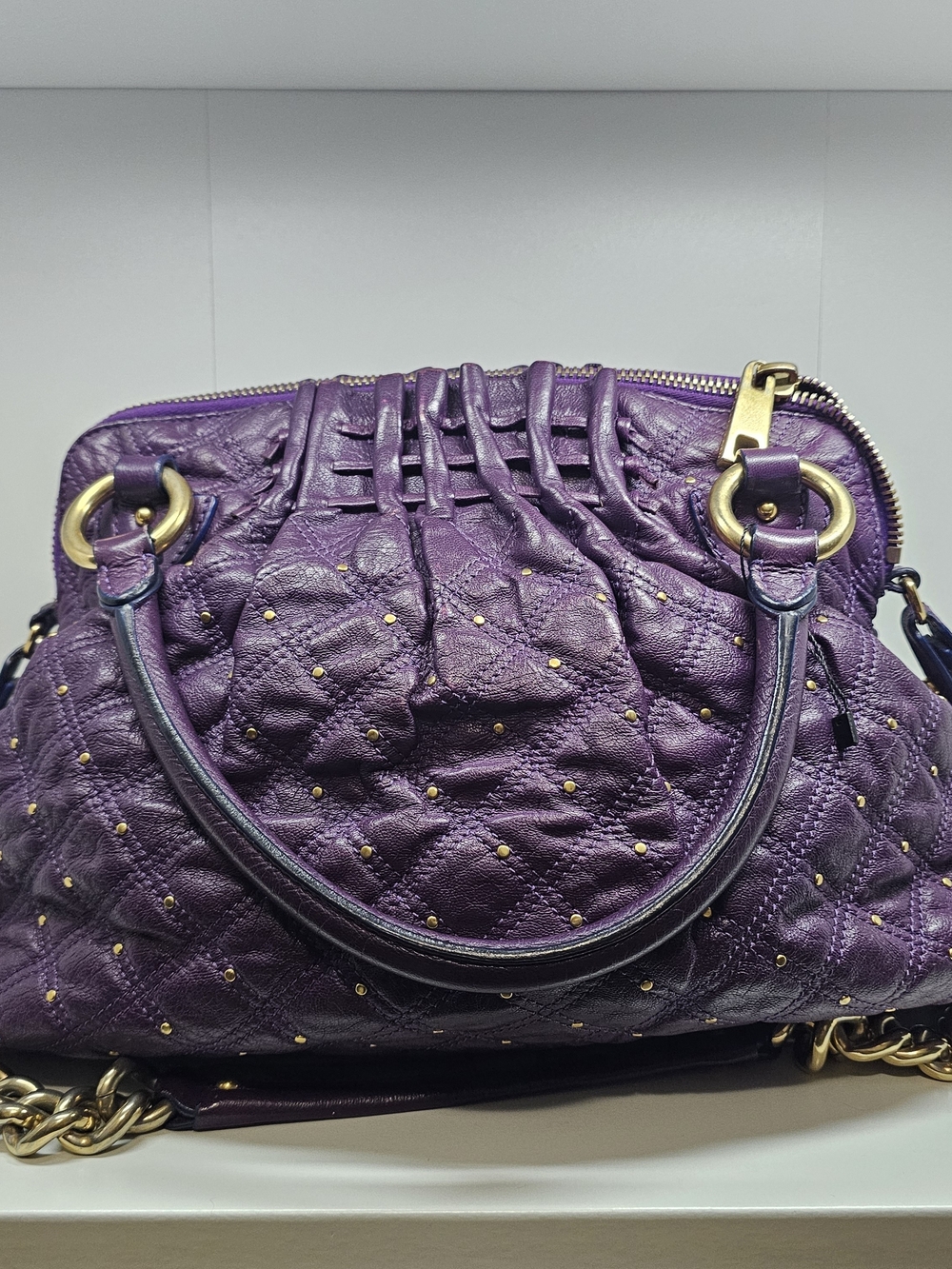 Marc Jacobs Stam Plum Quilted Leather Satchel with Gold Studs